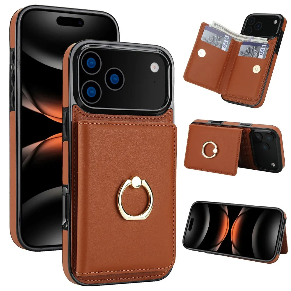 Leather Wallet Case with Card Holder, RFID Blocking, 360° Magnetic Ring Stand.Leather Case For iPhone 18 Pro Max 17 16 15 14 13 Plus Air