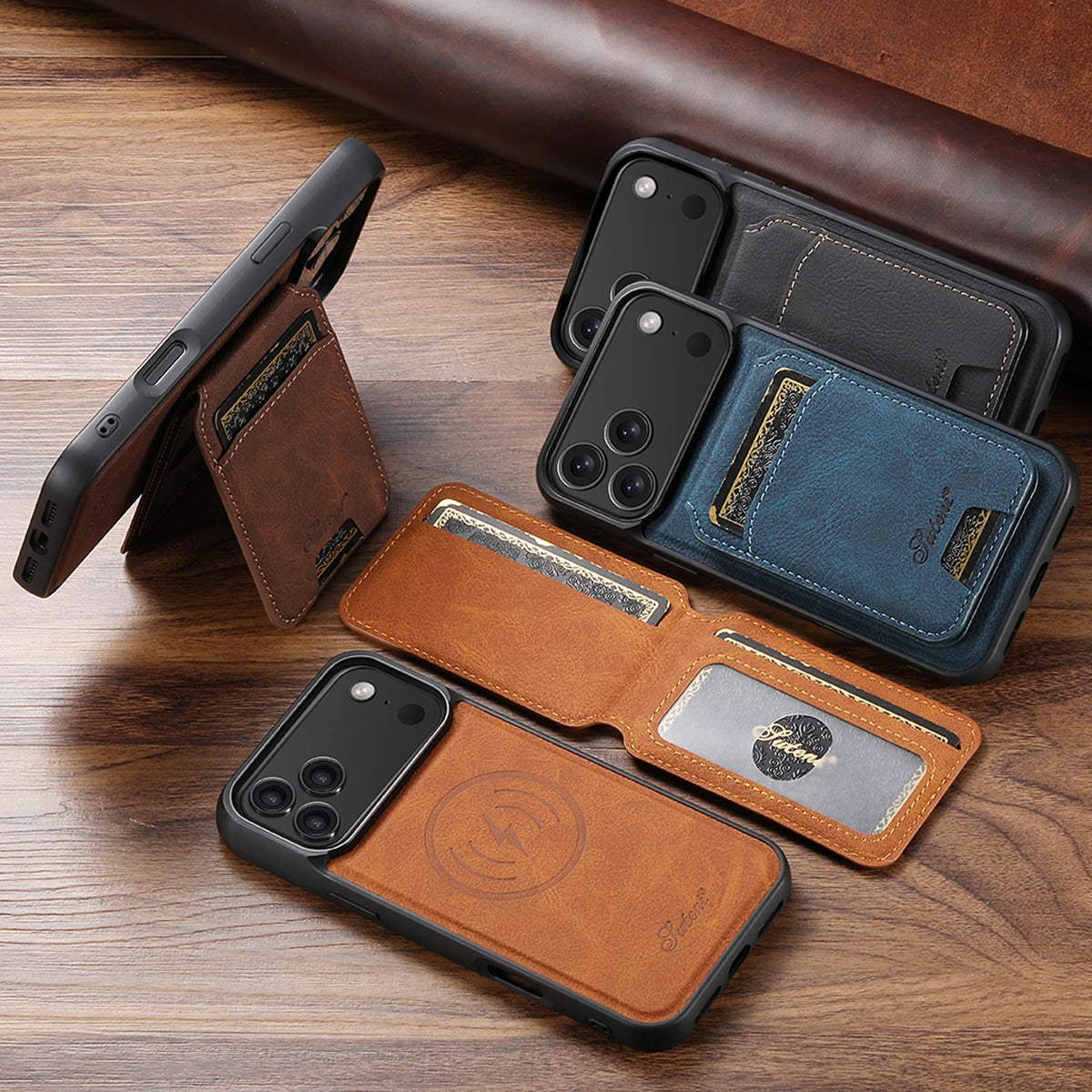 SUTENI Wireless Charging Phone Case Magnet Card Holder Stand Faux Leather For iPhone