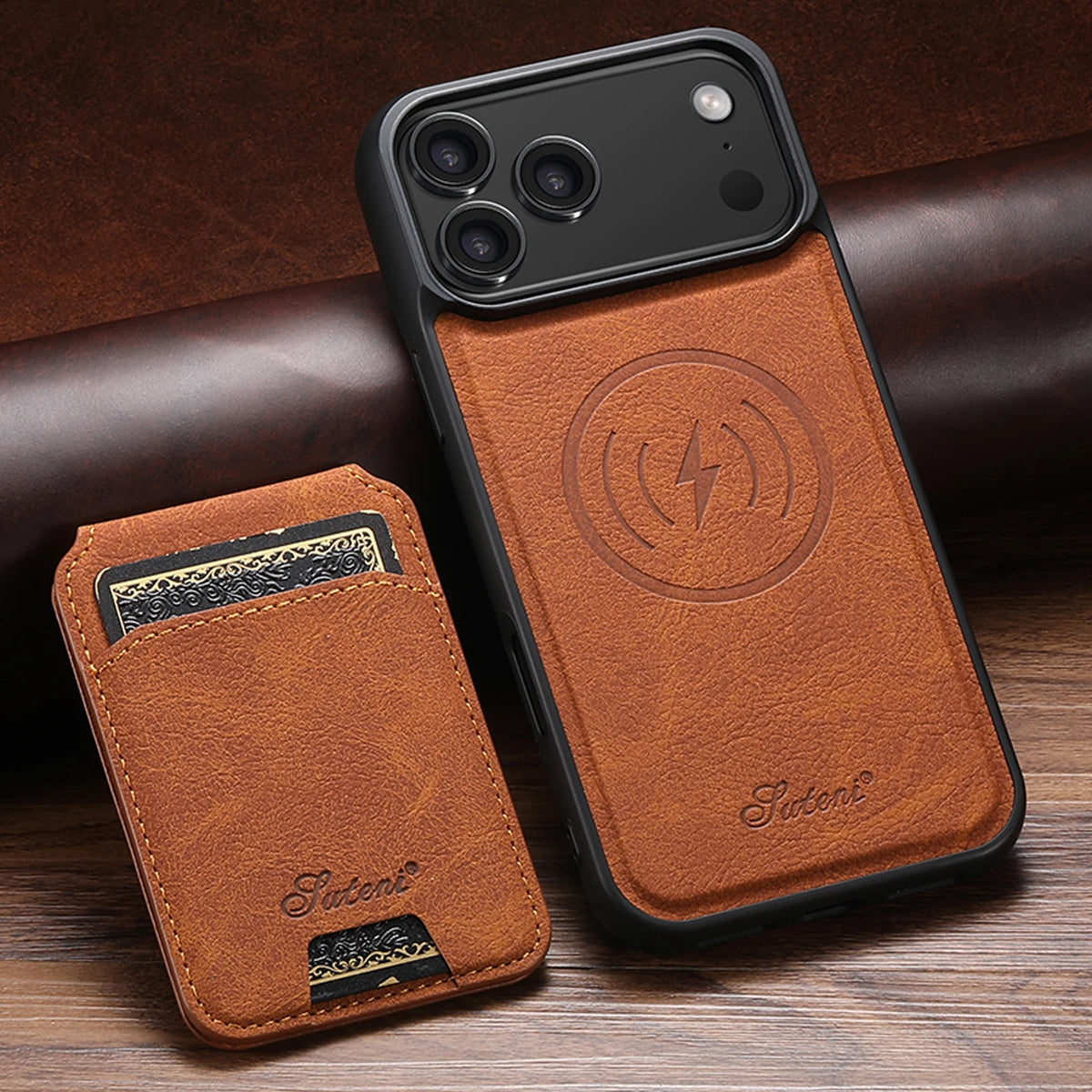 SUTENI Wireless Charging Phone Case Magnet Card Holder Stand Faux Leather For iPhone