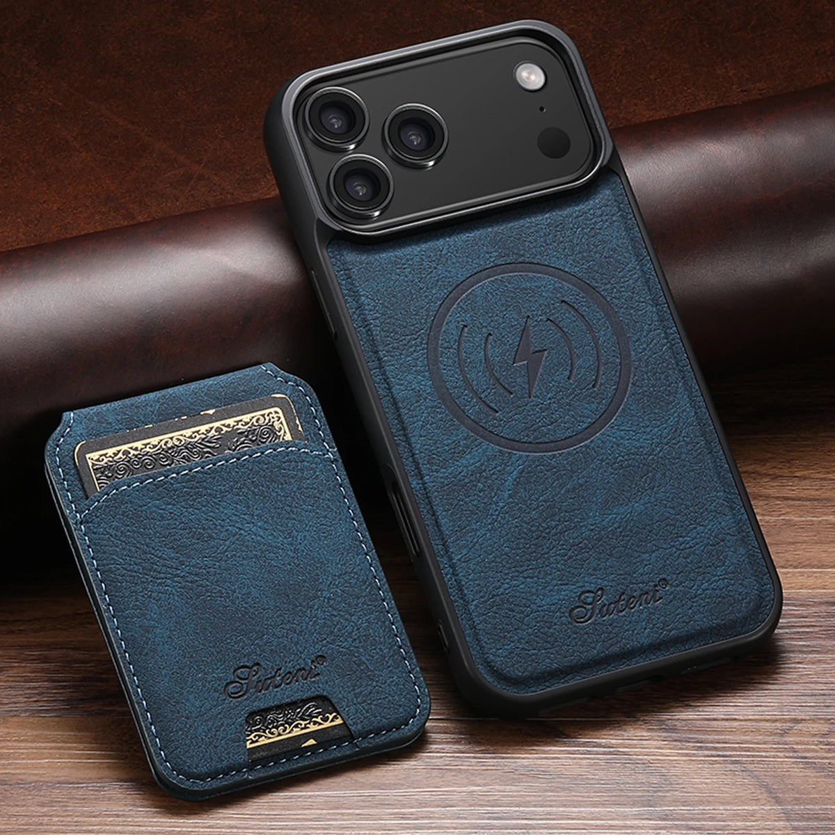 SUTENI Wireless Charging Phone Case Magnet Card Holder Stand Faux Leather For iPhone