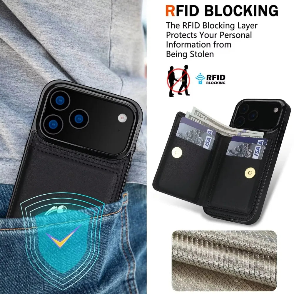 Leather Wallet Case with Card Holder, RFID Blocking, 360° Magnetic Ring Stand.Leather Case For iPhone 18 Pro Max 17 16 15 14 13 Plus Air