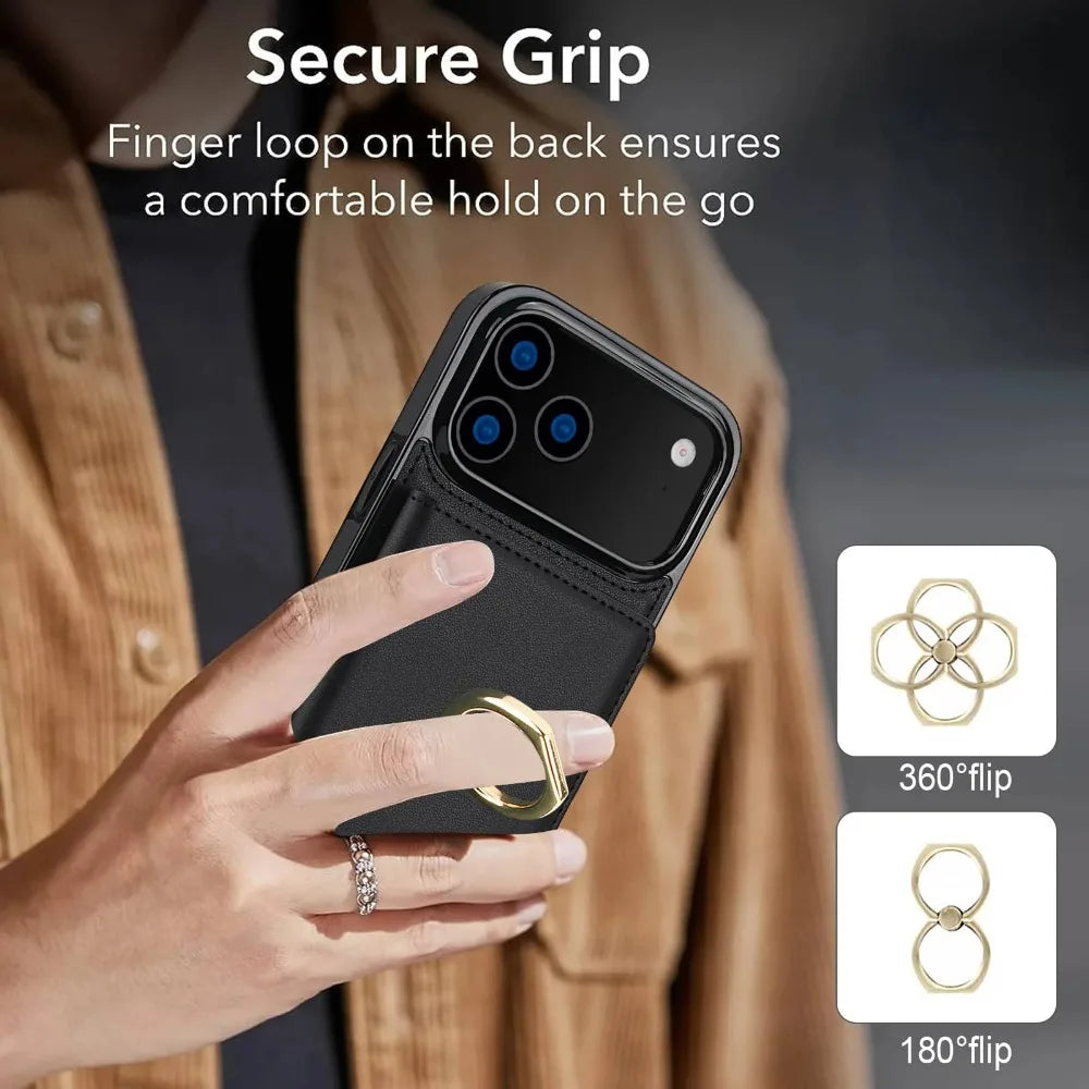 Leather Wallet Case with Card Holder, RFID Blocking, 360° Magnetic Ring Stand.Leather Case For iPhone 18 Pro Max 17 16 15 14 13 Plus Air