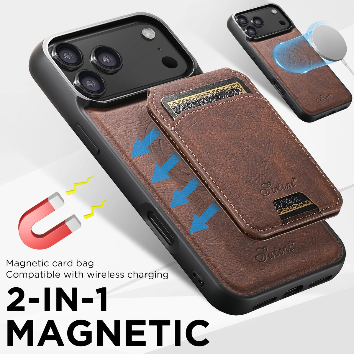 SUTENI Wireless Charging Phone Case Magnet Card Holder Stand Faux Leather For iPhone