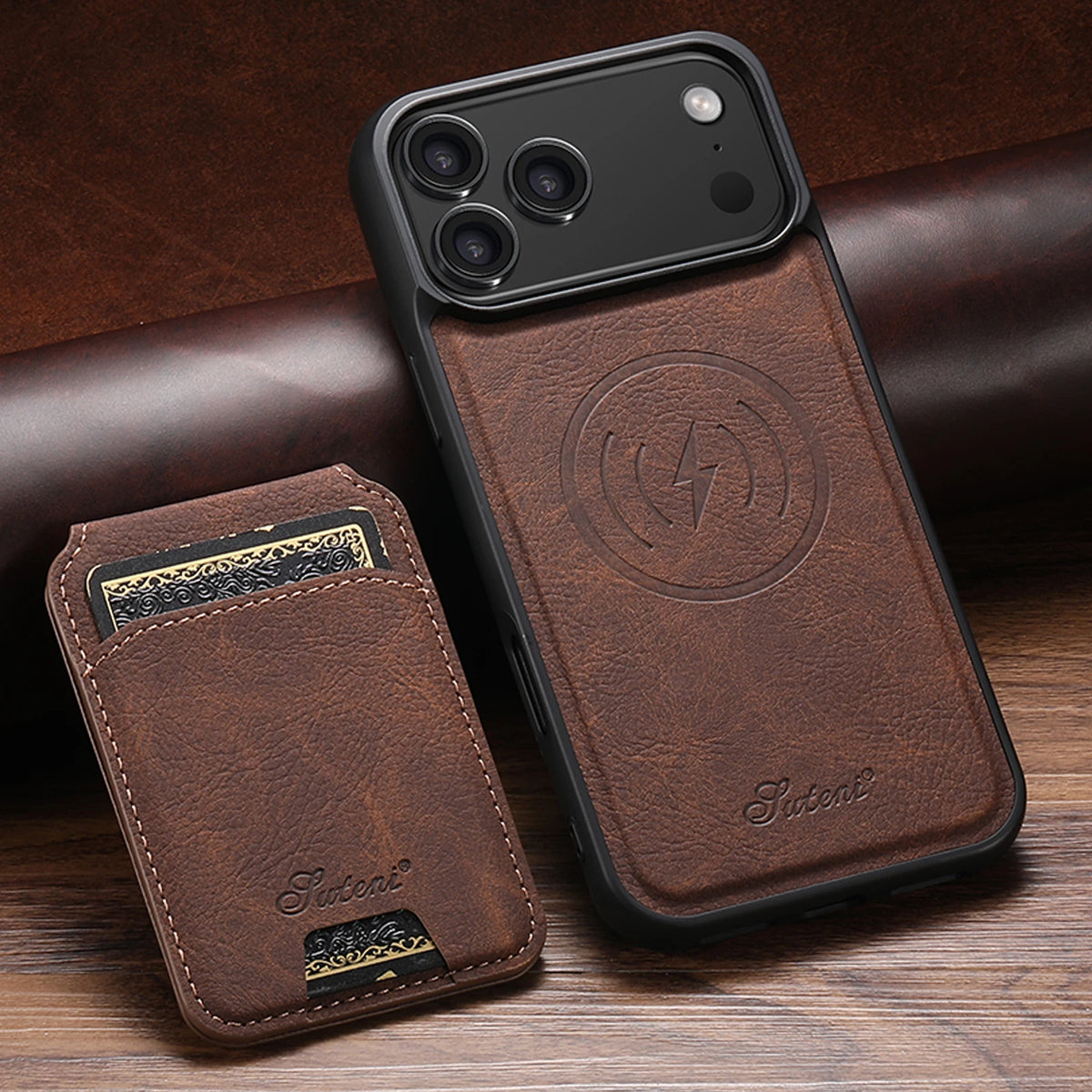 SUTENI Wireless Charging Phone Case Magnet Card Holder Stand Faux Leather For iPhone