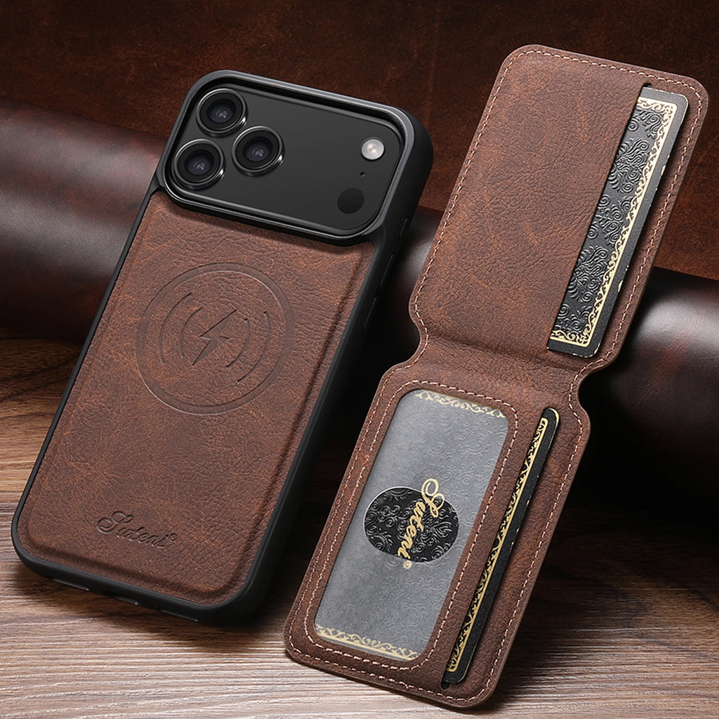 SUTENI Wireless Charging Phone Case Magnet Card Holder Stand Faux Leather For iPhone